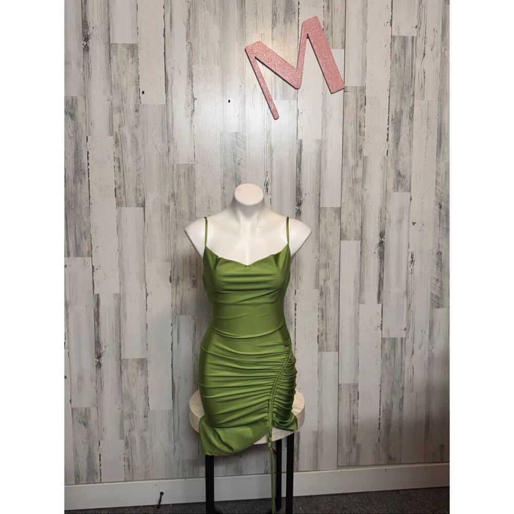Inspired Hearts Green Satin Ruched Side Bodycon Dress – Size M